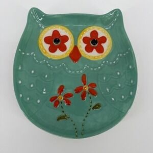 Cracker Barrel Owl Plate Trinket‎ Dish Decorative Green Flowers Ceramic